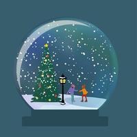 Globo de cristal de nieve con niños patinar en invierno para Navidad vector