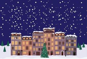 Winter Christmas and New Year Little Town in retro Style. vector
