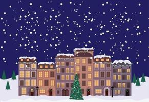 Winter Christmas and New Year Little Town in retro Style. vector