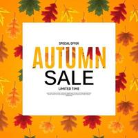 Banner de venta de hojas de otoño brillante. tarjeta de descuento comercial. vector