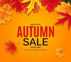 Banner de venta de hojas de otoño brillante. tarjeta de descuento comercial. vector