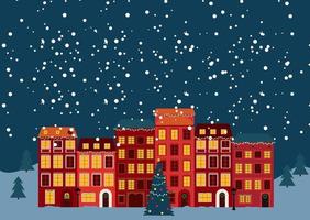 Winter Christmas and New Year Little Town in retro Style. vector