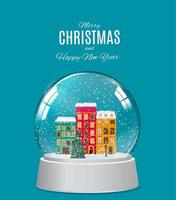 Snow glass globe with little town in winter for Christmas vector