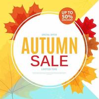 Banner de venta de hojas de otoño brillante. tarjeta de descuento comercial. vector