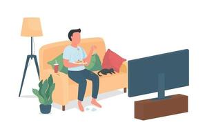 Untidy guy watching television semi flat color vector character