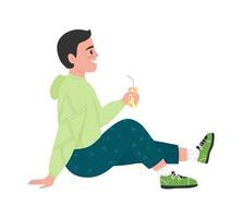 Boy enjoying lemonade drink semi flat color vector character