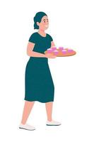 Mujer feliz con cupcakes rosa carácter vectorial de color semi plano vector