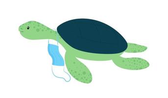 Tortoise with discarded surgical face mask flat color vector character