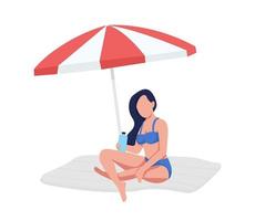 Girl sitting on beach under umbrella semi flat color vector character