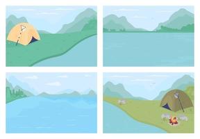 Water body ringed by mountains flat color vector illustrations set