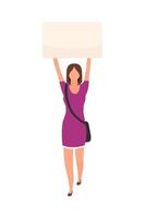 Young woman holding poster above head semi flat color vector character