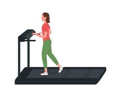 Girl running on treadmill semi flat color vector character