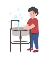 Little boy washing hands with soap with flat color vector character