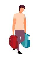 Man carries backpacks semi flat color vector character