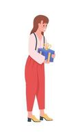 Smiling woman getting Christmas present flat color vector character