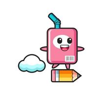 milk box mascot illustration riding on a giant pencil vector