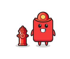 Personaje mascota de la tarjeta roja como bombero. vector