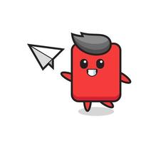 personaje de dibujos animados de tarjeta roja lanzando avión de papel vector