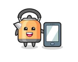 kettle illustration cartoon holding a smartphone vector