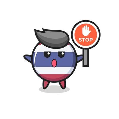 thailand flag badge character illustration holding a stop sign