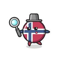 insignia de la bandera de noruega personaje de dibujos animados buscando con una lupa vector