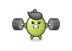 olive mascot cartoon with a barbell vector