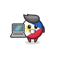 Ilustración de la mascota de la insignia de la bandera de Filipinas con una computadora portátil vector