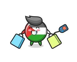 dibujos animados de la mascota de la insignia de la bandera de Palestina sosteniendo una bolsa de compras vector