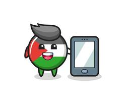 palestine flag badge illustration cartoon holding a smartphone vector