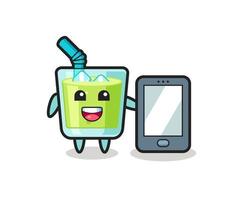 melon juice illustration cartoon holding a smartphone vector