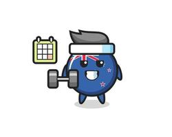 new zealand flag badge mascot cartoon doing fitness with dumbbell vector