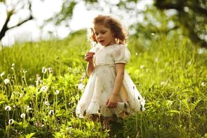 Little beautiful curly girl with dandelion photo