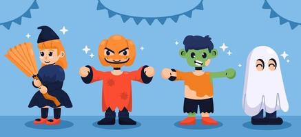 grupo de niños con disfraces de halloween vector