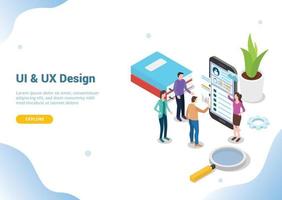 isometric ui and ux designer concept with team people vector