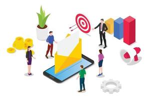 isometric email service or services concept with team people vector