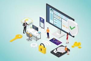 concepto de seguridad cibernética con personas del equipo y código seguro vector