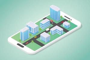 isometric city on top of the smartphone with building vector