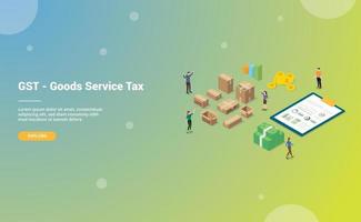 gst goods service tax with big words and people team vector