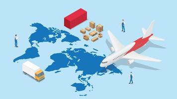 Red logística global con mapa mundial y transporte. vector