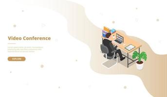 Video conference campaign with man work on sit on the desk vector