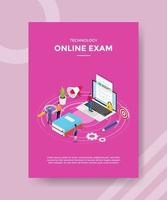 technology online exam people standing near book laptop vector