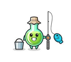 Personaje de mascota de vasos de laboratorio como pescador. vector