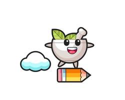 herbal bowl mascot illustration riding on a giant pencil vector