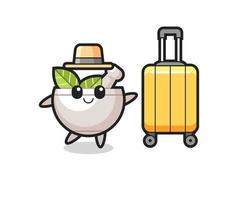 herbal bowl cartoon illustration with luggage on vacation vector