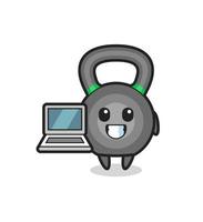 Ilustración de mascota de pesas rusas con una computadora portátil vector