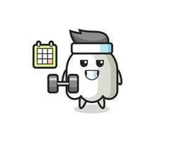 ghost mascot cartoon doing fitness with dumbbell vector