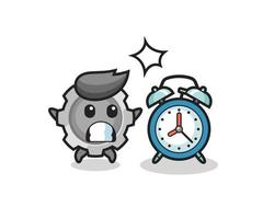 Cartoon Illustration of gear is surprised with a giant alarm clock vector