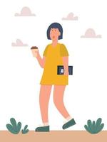 Young girl walking with books and cup of coffee vector