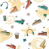 Trendy seamless pattern with sneakers, headphones vector