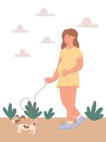 Pregnant woman walking with dog vector
